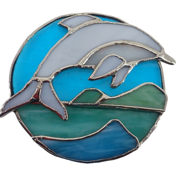 Jumping Dolphin Stained Glass Sun Catcher with Ocean & Mountains 4" Beach Decor - Picture 6 of 6